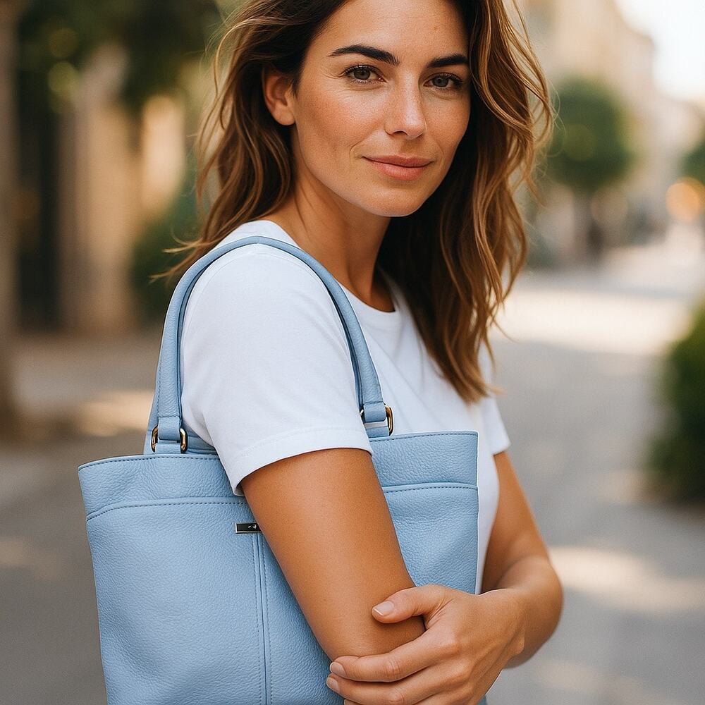 Cole Haan Village II Marcy Market Tote Bag Purse Pebbled Leather Light Blue